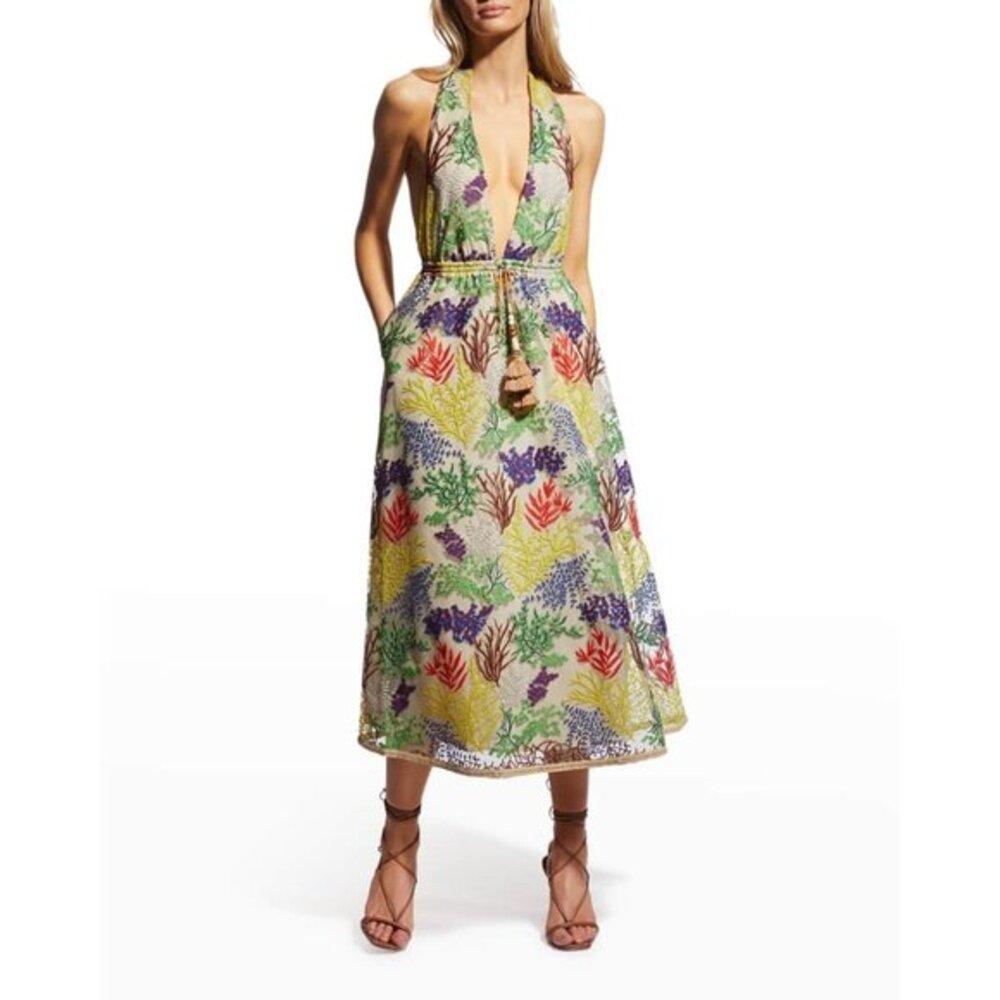 Toccin FLORAL Embroidered Deep V Halter Dress Size 4